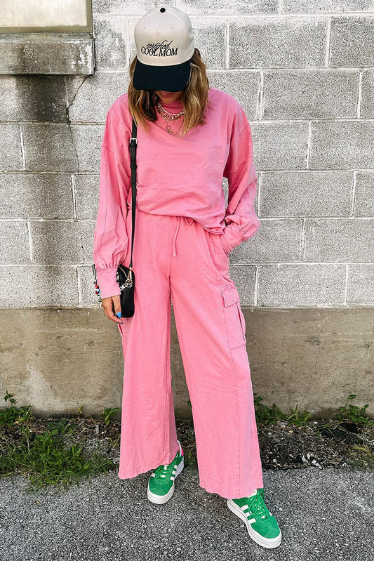 Pink Pullover and Wide Leg Cargo Pants Sachet Set