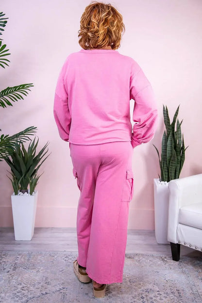 Pink Pullover and Wide Leg Cargo Pants Sachet Set - IVORYNN