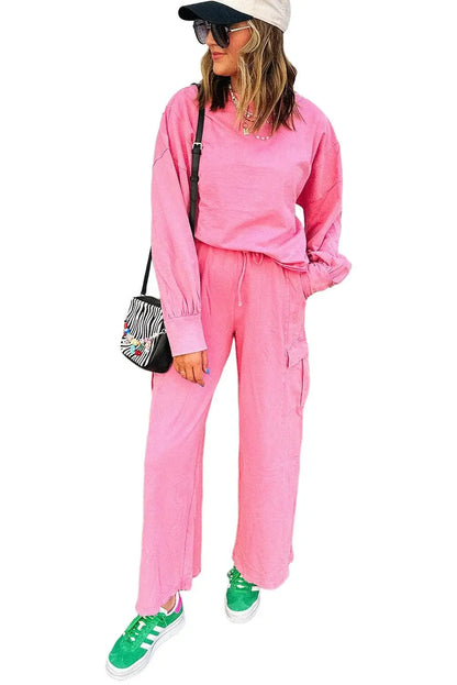 Pink Pullover and Wide Leg Cargo Pants Sachet Set - IVORYNN