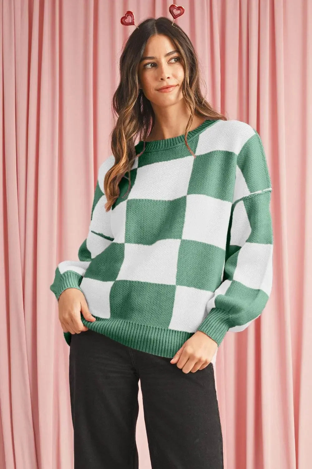 Plaid Bishop Sleeve Pullover Sweater - IVORYNN