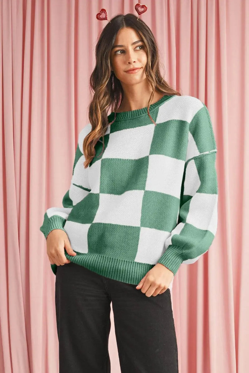 Plaid Bishop Sleeve Pullover Sweater - IVORYNN