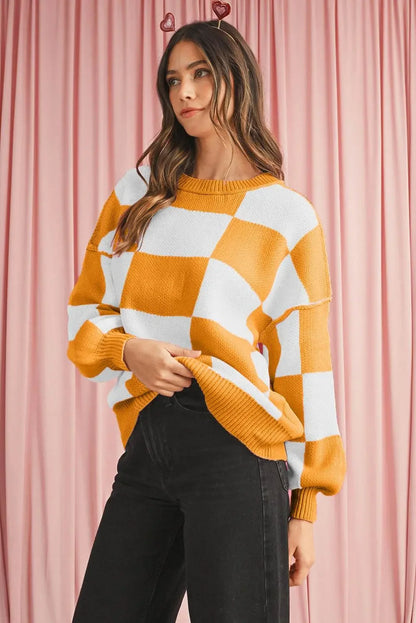 Plaid Bishop Sleeve Pullover Sweater - IVORYNN