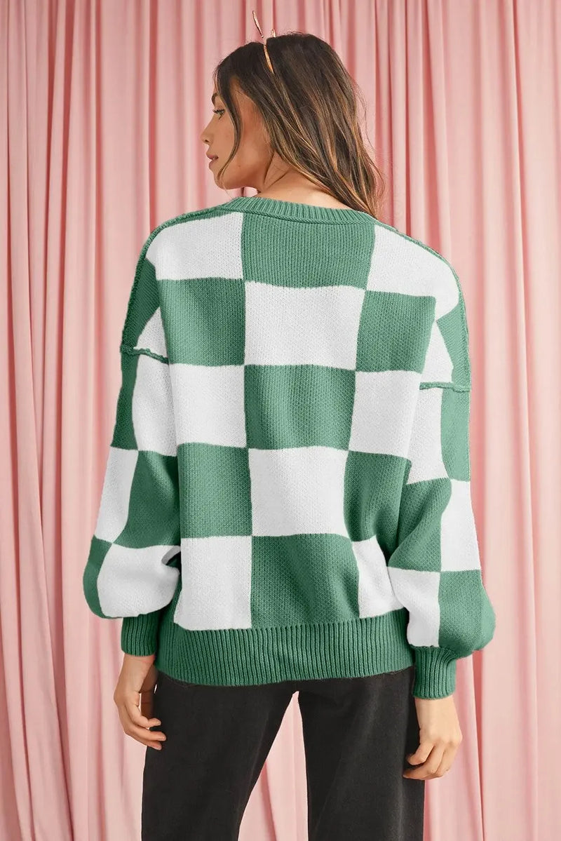 Plaid Bishop Sleeve Pullover Sweater - IVORYNN
