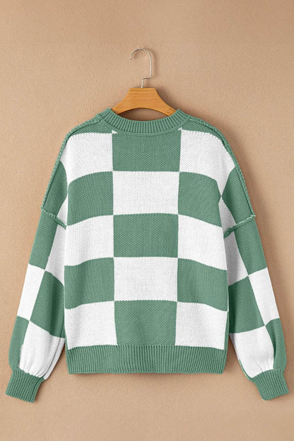 Plaid Bishop Sleeve Pullover Sweater - IVORYNN