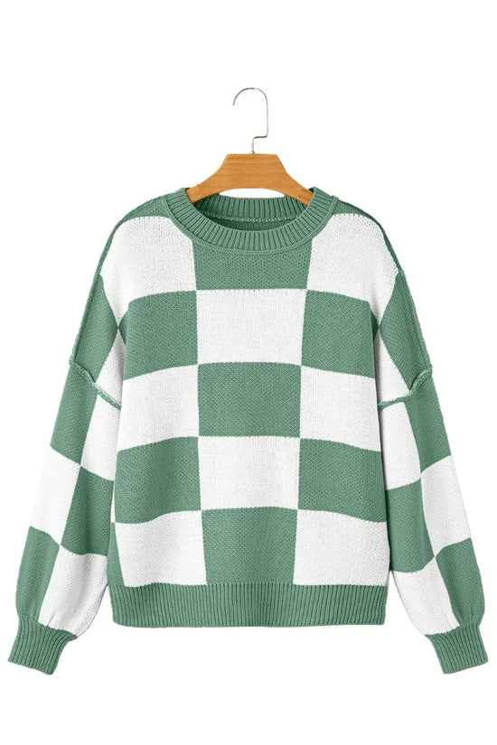 Plaid Bishop Sleeve Pullover Sweater - IVORYNN