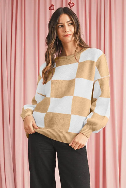 Plaid Bishop Sleeve Pullover Sweater - IVORYNN