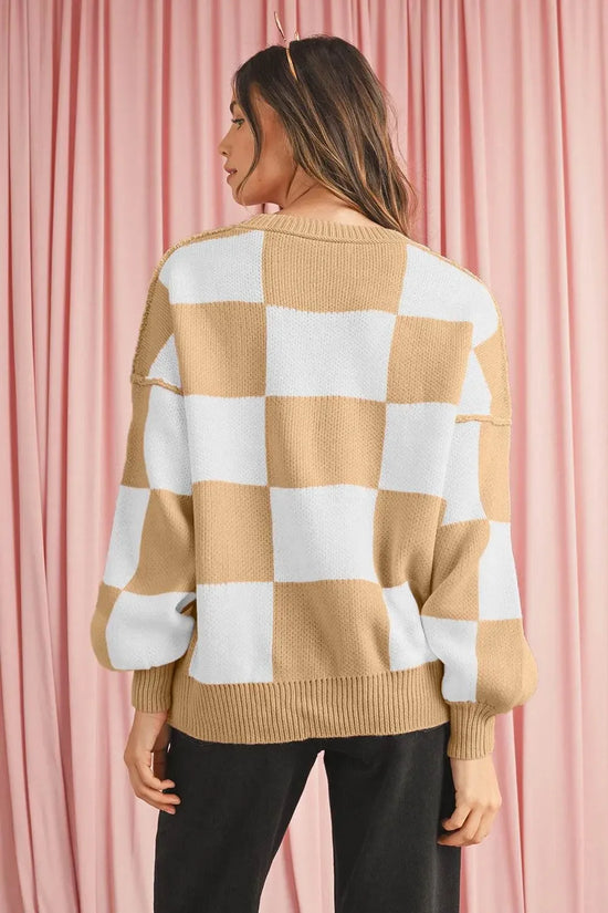 Plaid Bishop Sleeve Pullover Sweater - IVORYNN
