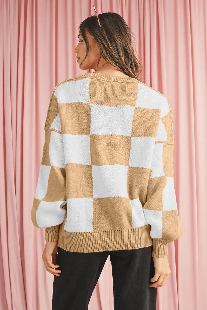 Plaid Bishop Sleeve Pullover Sweater - IVORYNN