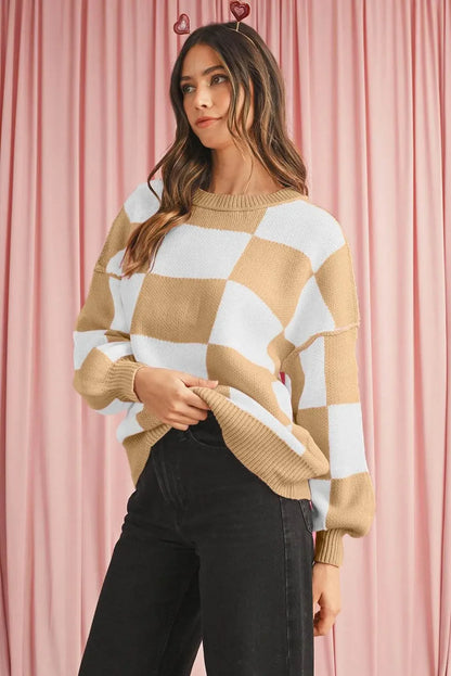 Plaid Bishop Sleeve Pullover Sweater - IVORYNN