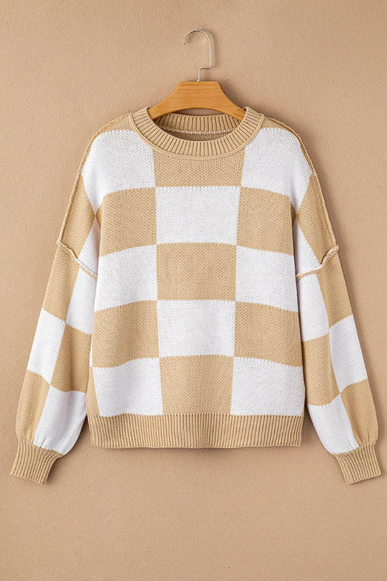 Plaid Bishop Sleeve Pullover Sweater - IVORYNN