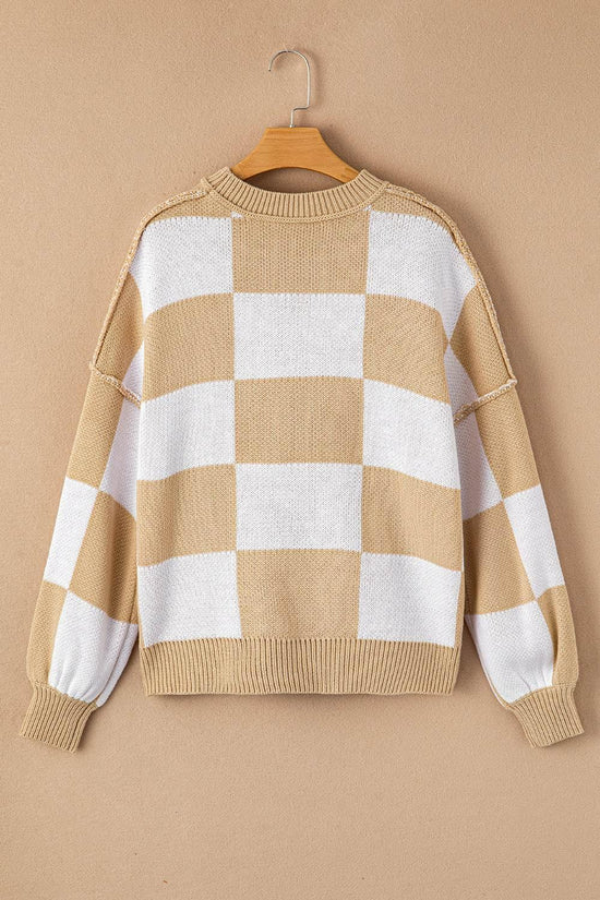 Plaid Bishop Sleeve Pullover Sweater - IVORYNN