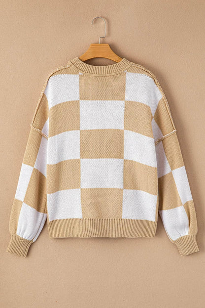 Plaid Bishop Sleeve Pullover Sweater - IVORYNN