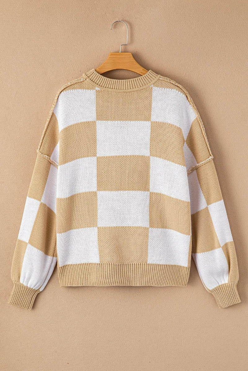Plaid Bishop Sleeve Pullover Sweater - IVORYNN