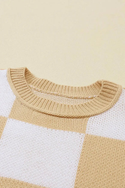 Plaid Bishop Sleeve Pullover Sweater - IVORYNN