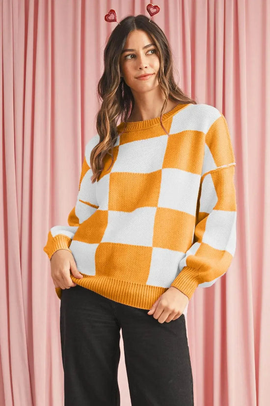 Plaid Bishop Sleeve Pullover Sweater - IVORYNN