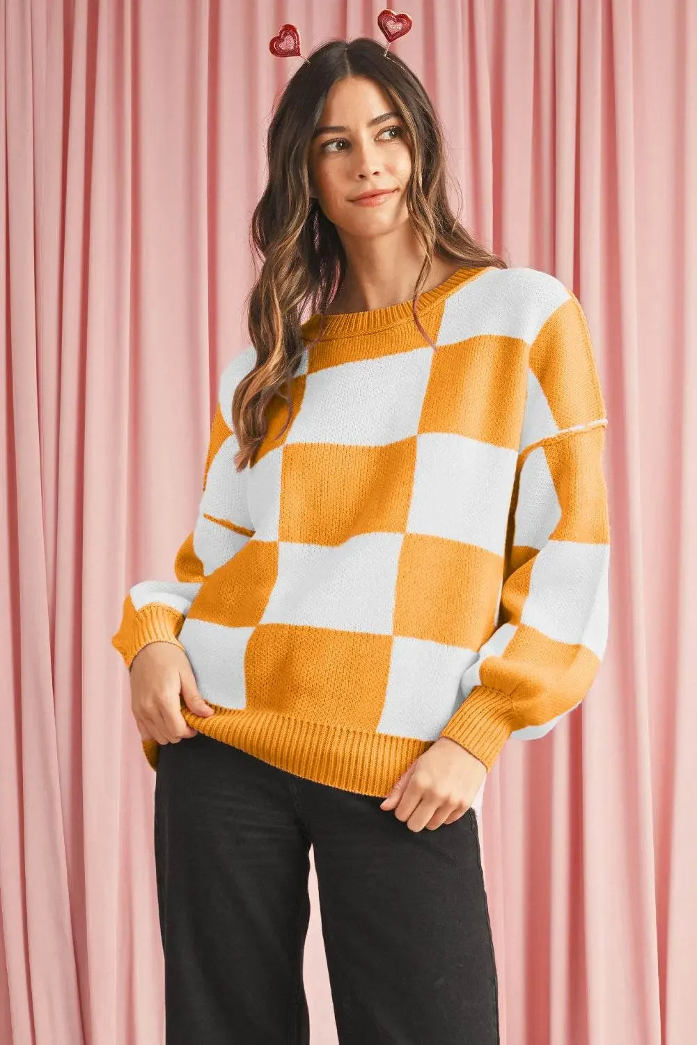 Plaid Bishop Sleeve Pullover Sweater - IVORYNN