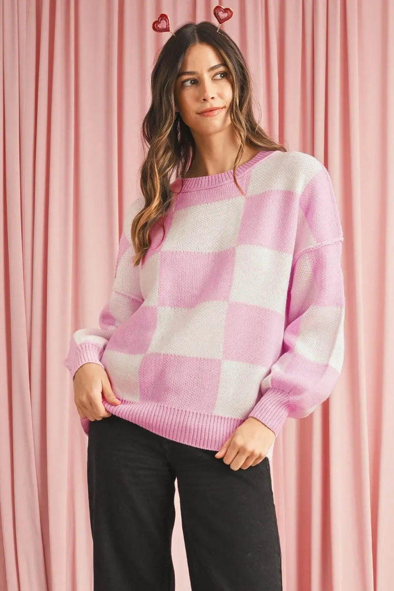 Plaid Bishop Sleeve Pullover Sweater - IVORYNN