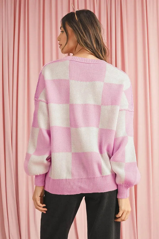 Plaid Bishop Sleeve Pullover Sweater - IVORYNN