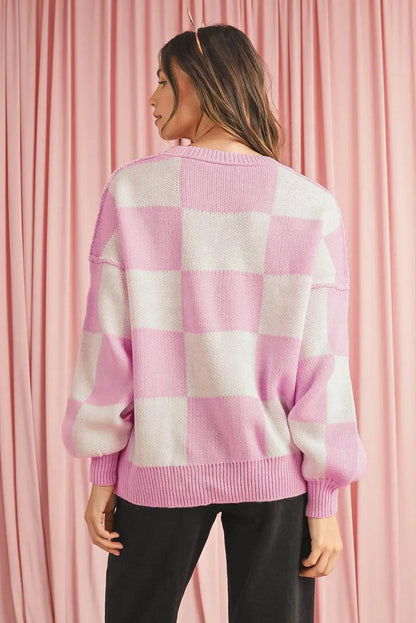 Plaid Bishop Sleeve Pullover Sweater - IVORYNN
