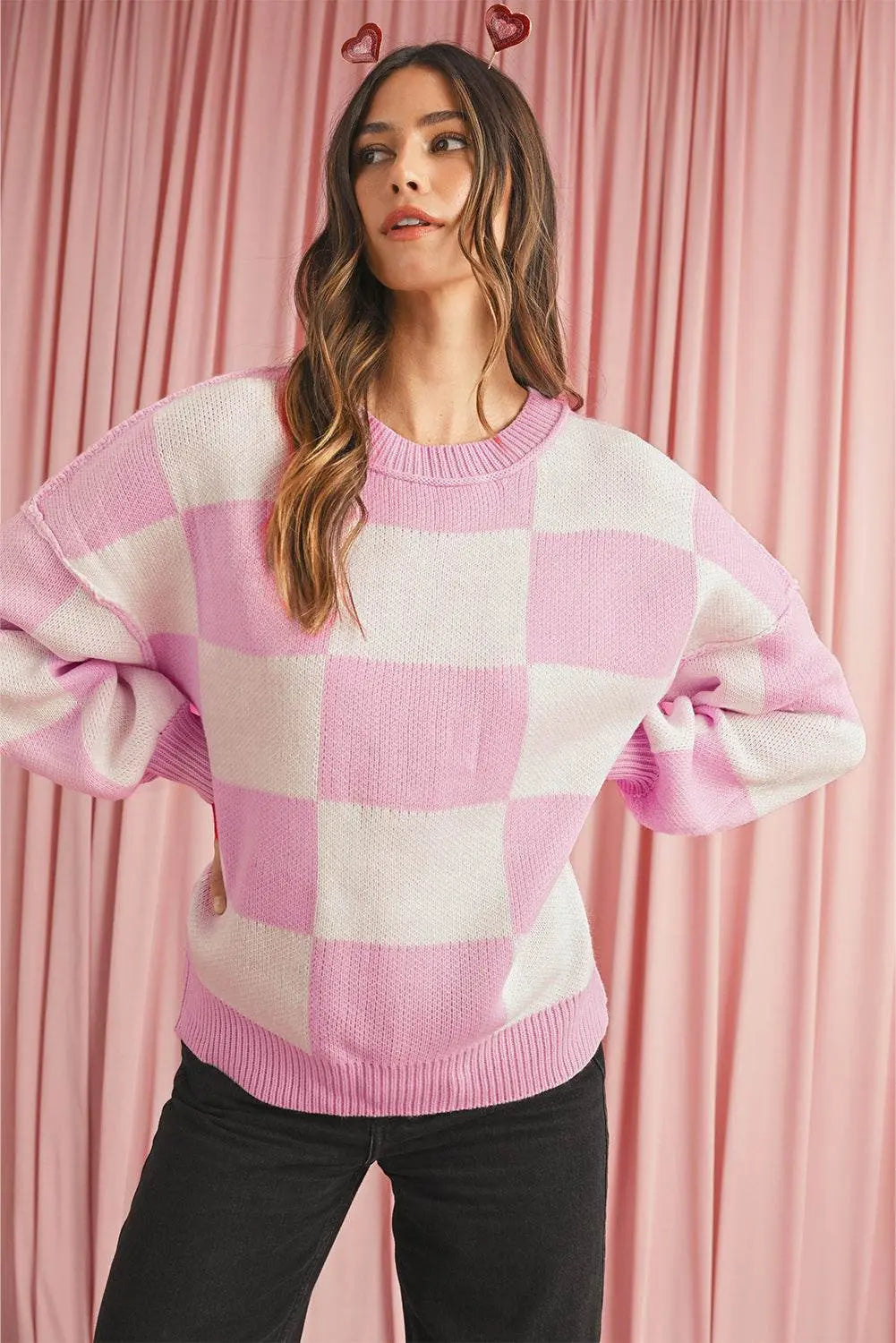 Plaid Bishop Sleeve Pullover Sweater - IVORYNN