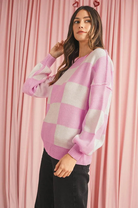 Plaid Bishop Sleeve Pullover Sweater - IVORYNN