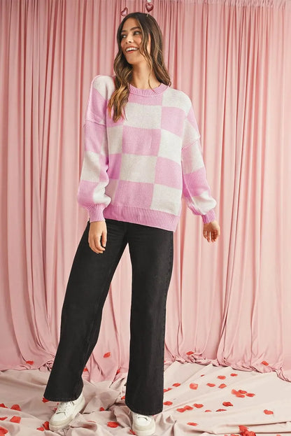 Plaid Bishop Sleeve Pullover Sweater - IVORYNN