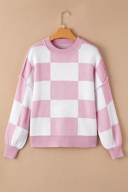 Plaid Bishop Sleeve Pullover Sweater - IVORYNN