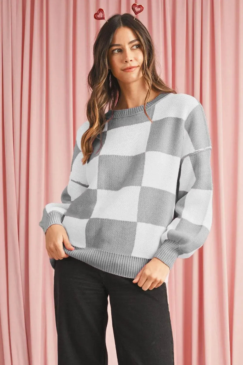 Plaid Bishop Sleeve Pullover Sweater - IVORYNN