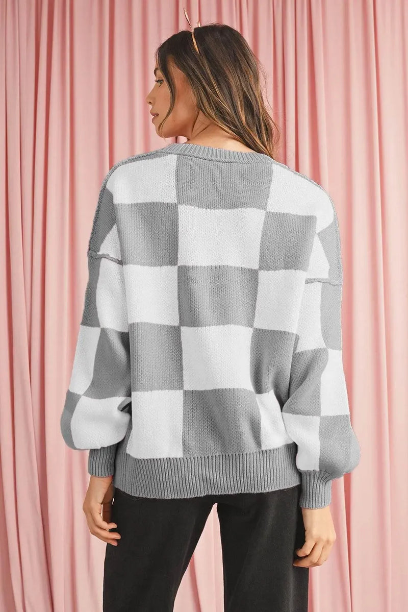 Plaid Bishop Sleeve Pullover Sweater - IVORYNN