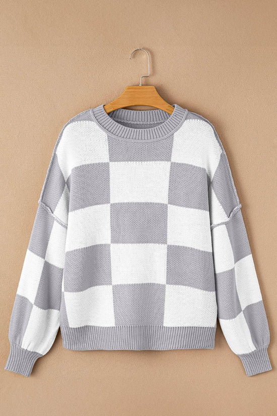 Plaid Bishop Sleeve Pullover Sweater - IVORYNN