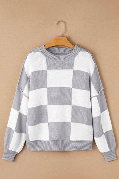 Plaid Bishop Sleeve Pullover Sweater - IVORYNN