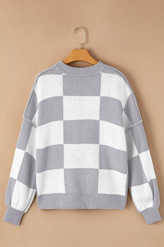 Plaid Bishop Sleeve Pullover Sweater - IVORYNN
