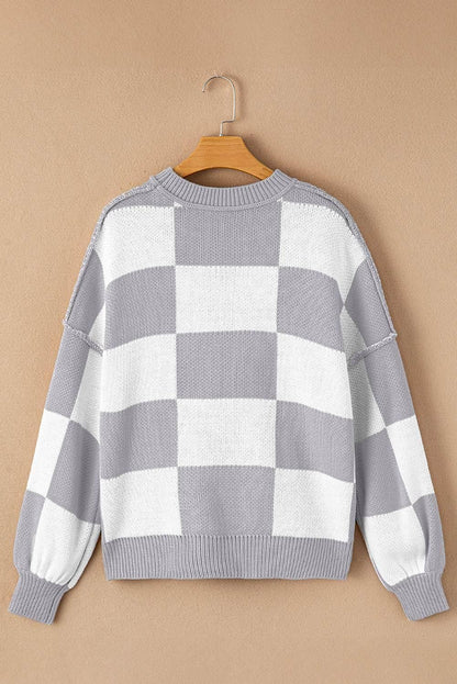 Plaid Bishop Sleeve Pullover Sweater - IVORYNN