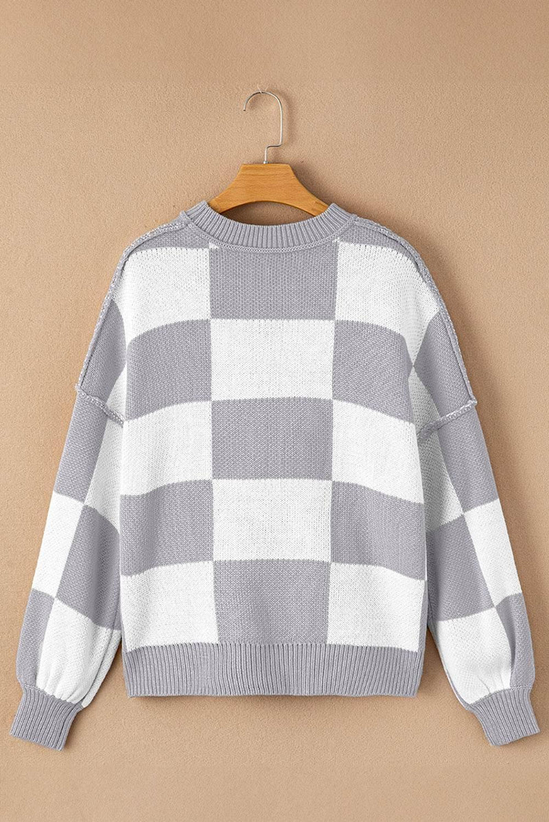 Plaid Bishop Sleeve Pullover Sweater - IVORYNN