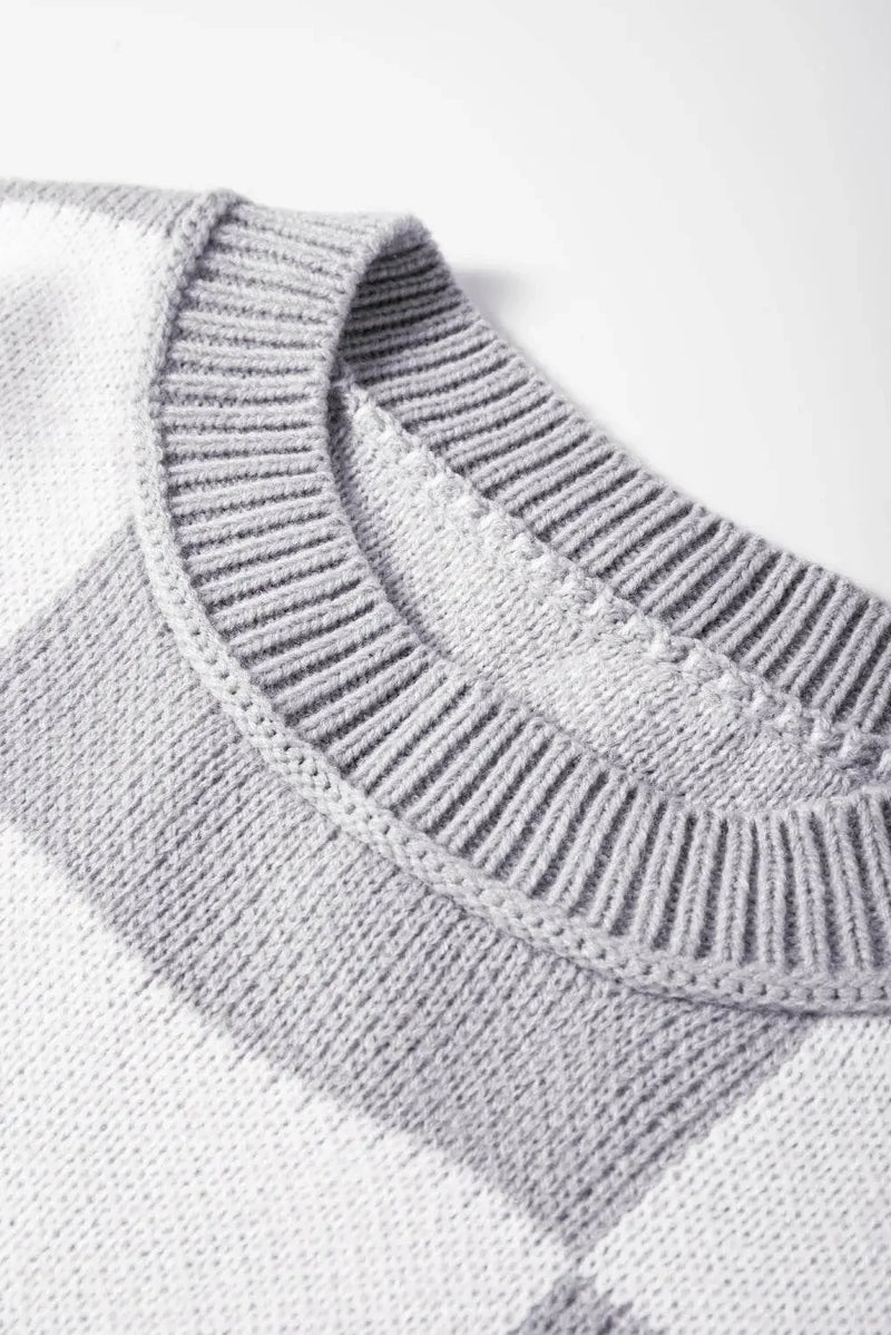 Plaid Bishop Sleeve Pullover Sweater - IVORYNN