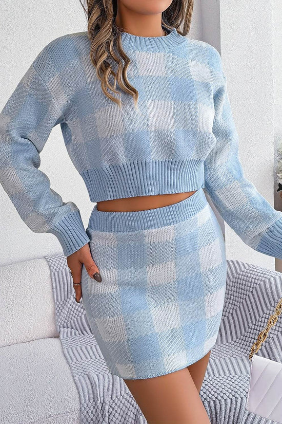 Plaid Round Neck Top and Skirt Sweater Set - IVORYNN