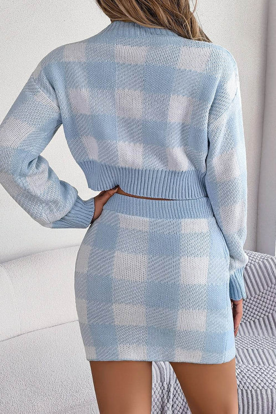 Plaid Round Neck Top and Skirt Sweater Set - IVORYNN