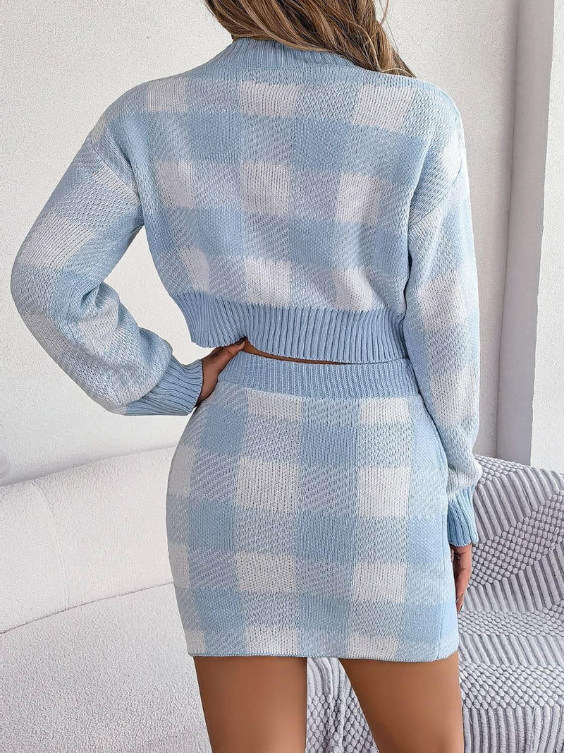 Plaid Round Neck Top and Skirt Sweater Set - IVORYNN