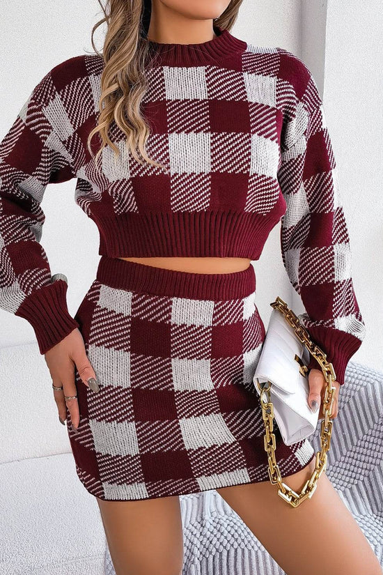 Plaid Round Neck Top and Skirt Sweater Set - IVORYNN