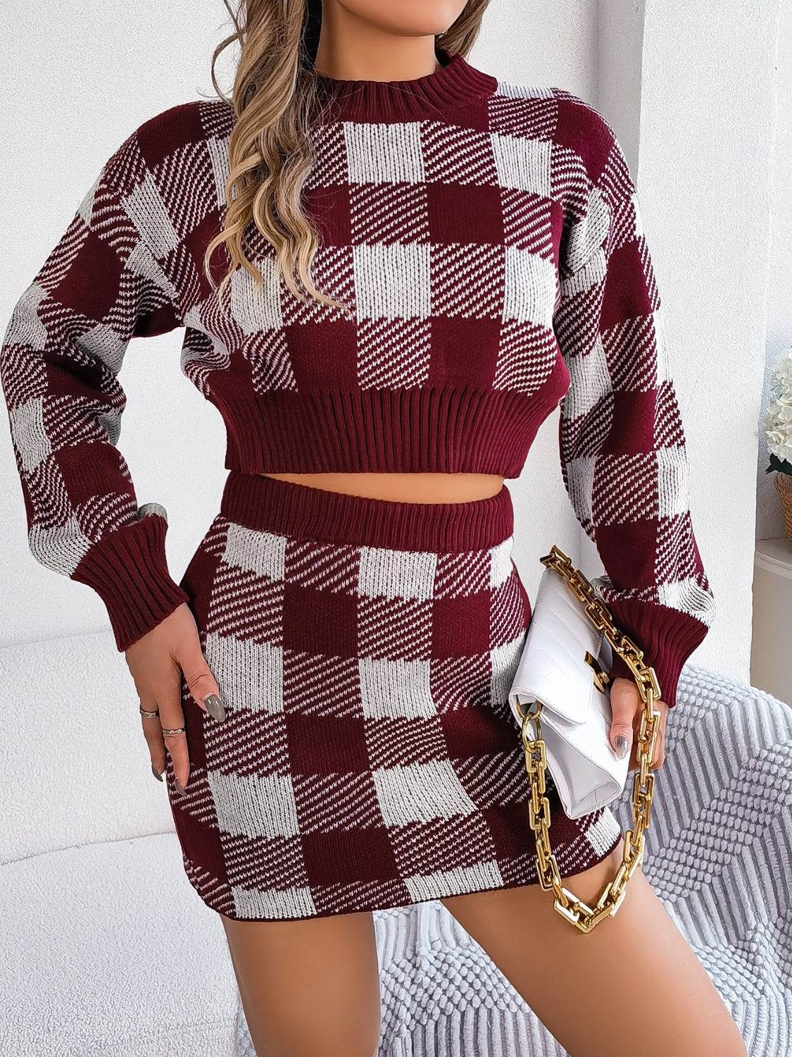 Plaid Round Neck Top and Skirt Sweater Set - IVORYNN
