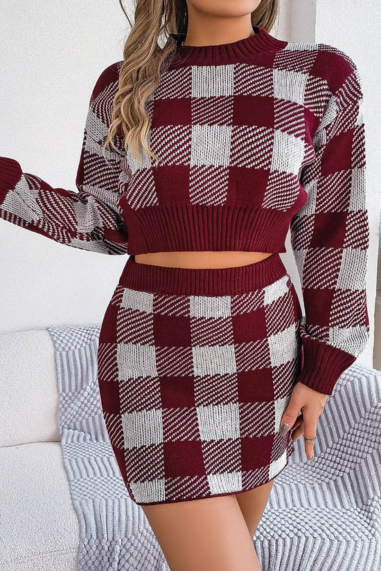 Plaid Round Neck Top and Skirt Sweater Set - IVORYNN