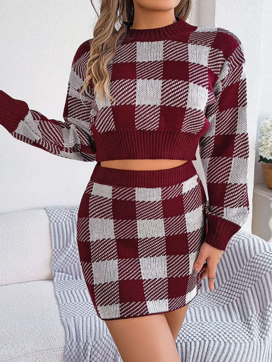 Plaid Round Neck Top and Skirt Sweater Set - IVORYNN
