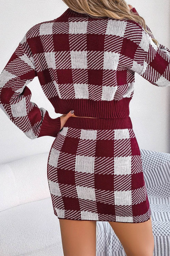 Plaid Round Neck Top and Skirt Sweater Set - IVORYNN