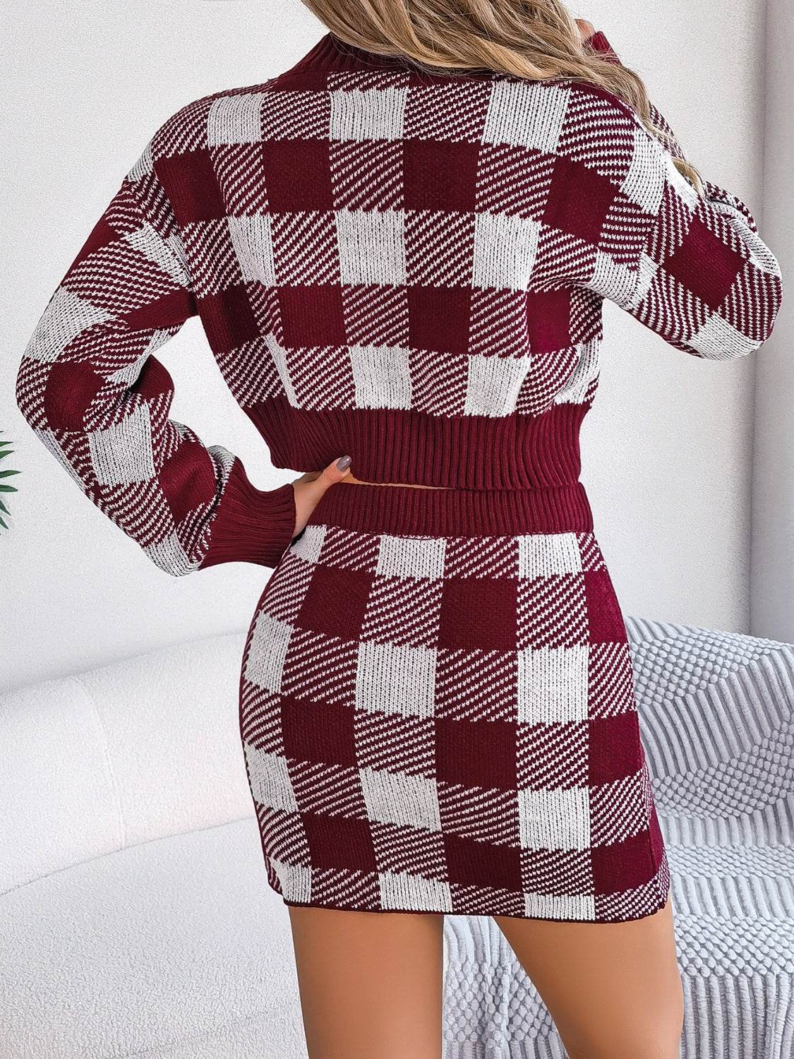 Plaid Round Neck Top and Skirt Sweater Set - IVORYNN