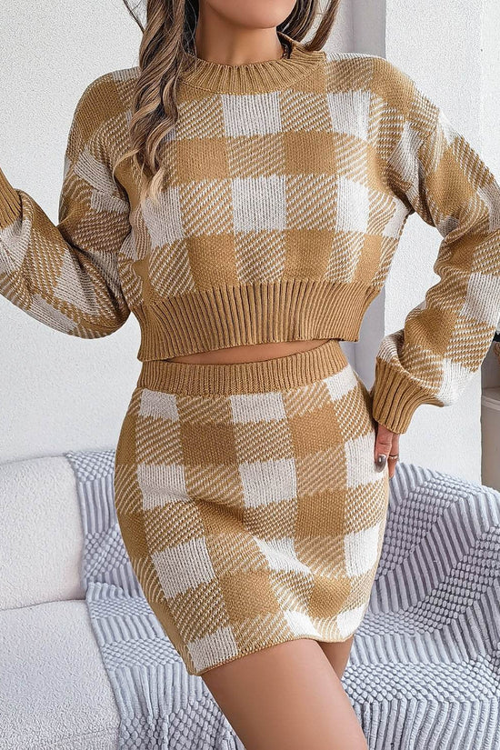 Plaid Round Neck Top and Skirt Sweater Set - IVORYNN