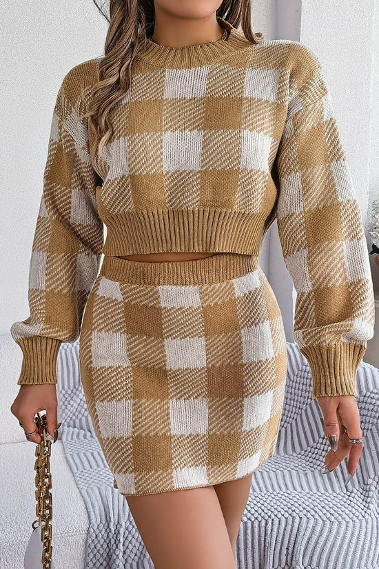 Plaid Round Neck Top and Skirt Sweater Set - IVORYNN