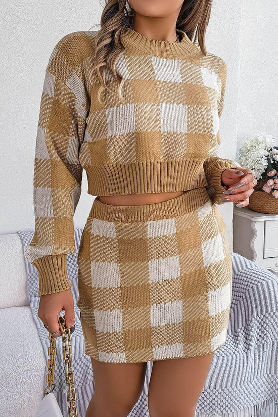 Plaid Round Neck Top and Skirt Sweater Set - IVORYNN
