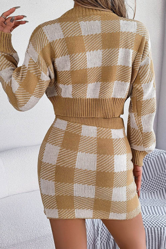 Plaid Round Neck Top and Skirt Sweater Set - IVORYNN