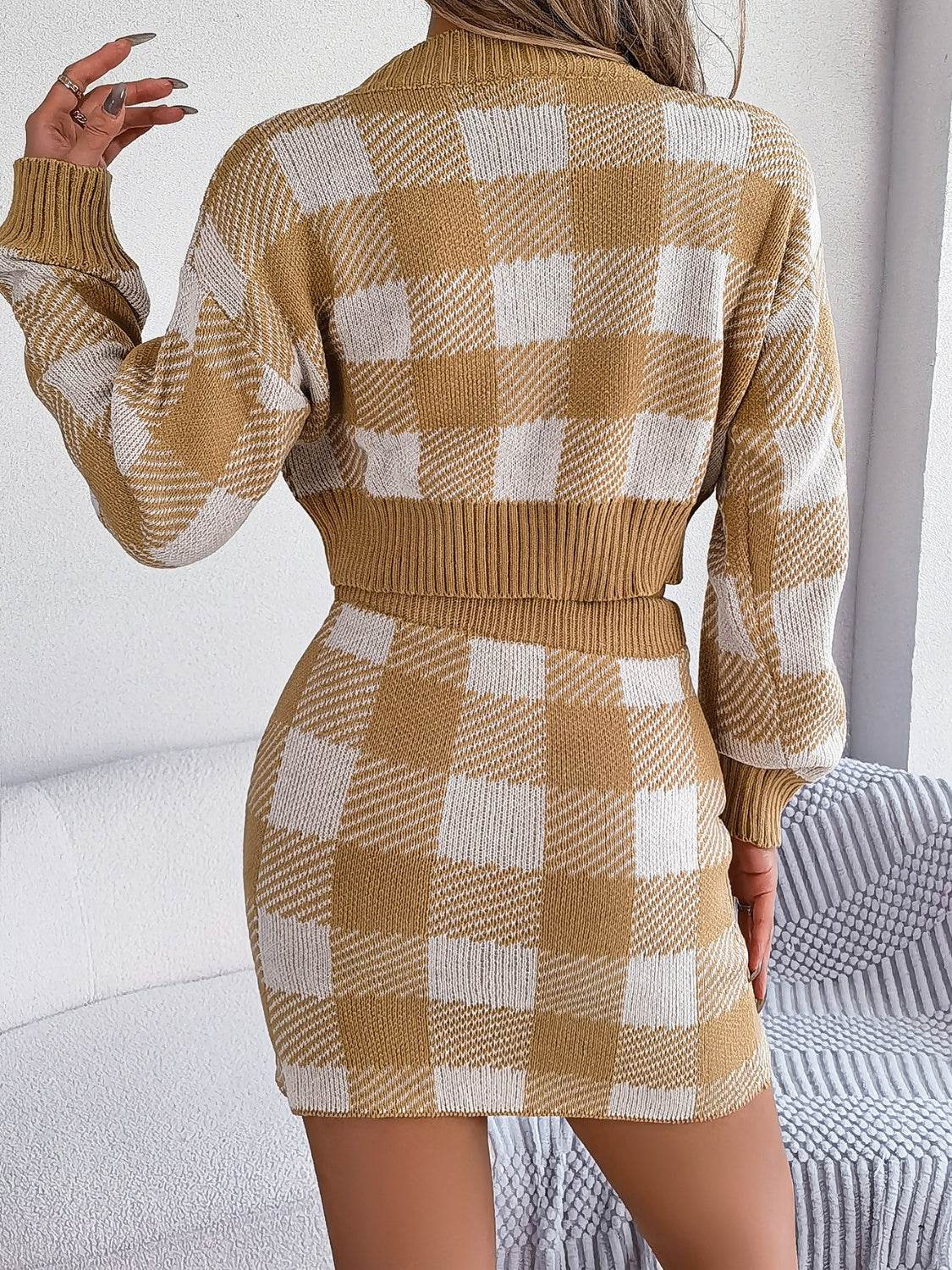 Plaid Round Neck Top and Skirt Sweater Set - IVORYNN