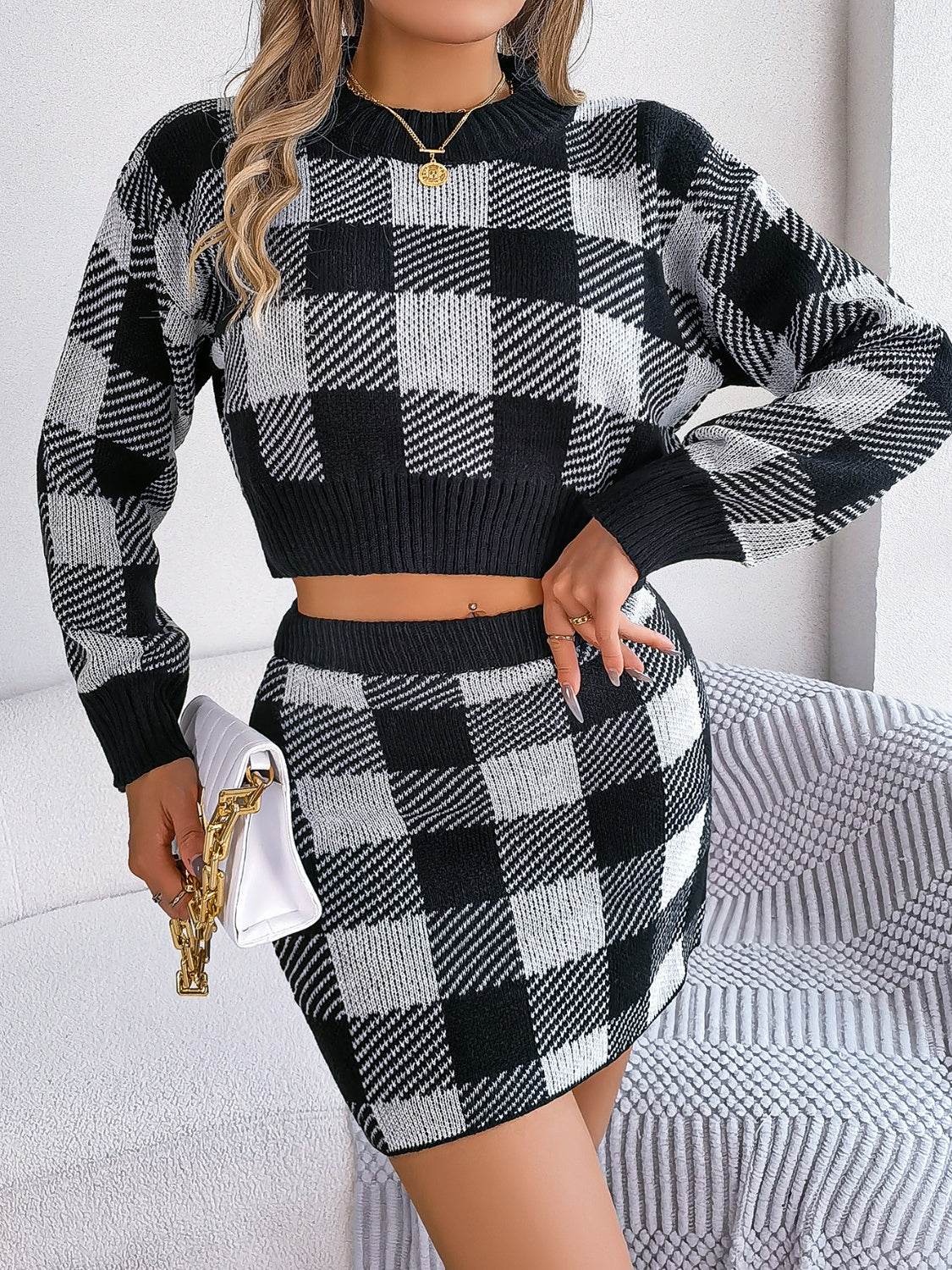 Plaid Round Neck Top and Skirt Sweater Set - IVORYNN